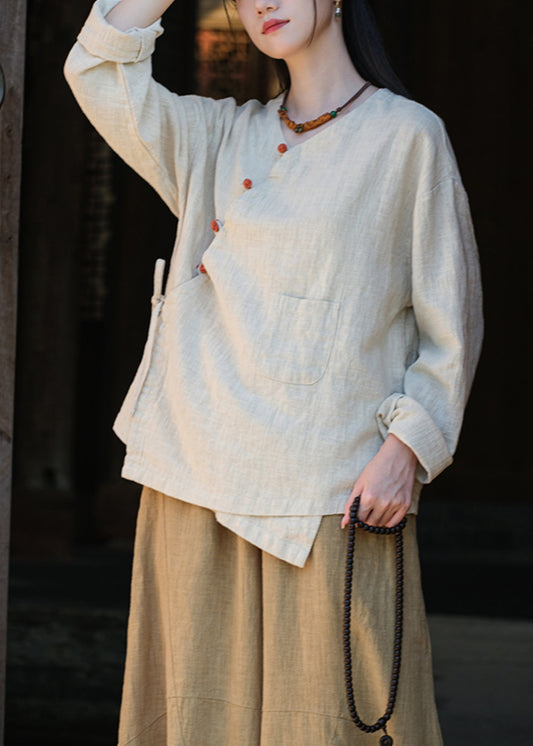 Vintage Button Lace Up Asymmetrical Cotton Blouse Tops Fall