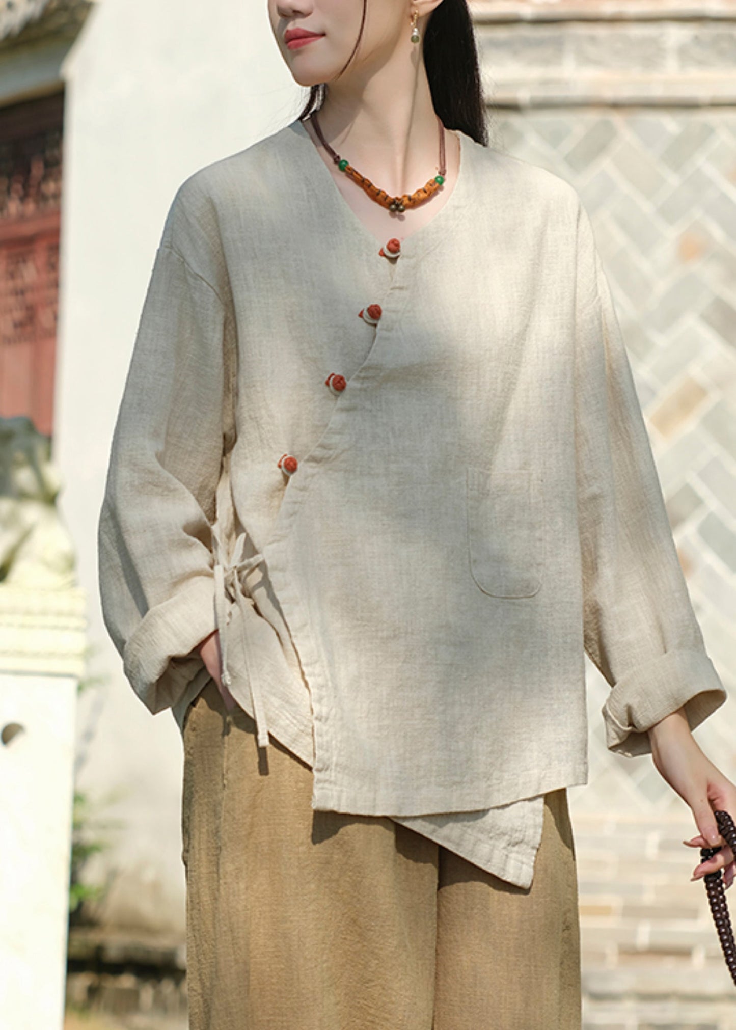 Vintage Button Lace Up Asymmetrical Cotton Blouse Tops Fall