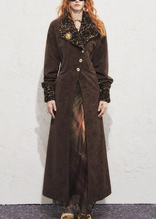 Gabardina larga de ante sintético con lazo en la cintura y estampado de leopardo color chocolate vintage para invierno