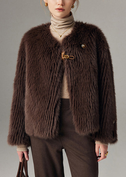 Vintage Schokoladenbraune O-Ausschnitt-Knopf-Leder- und Pelzmäntel Winter