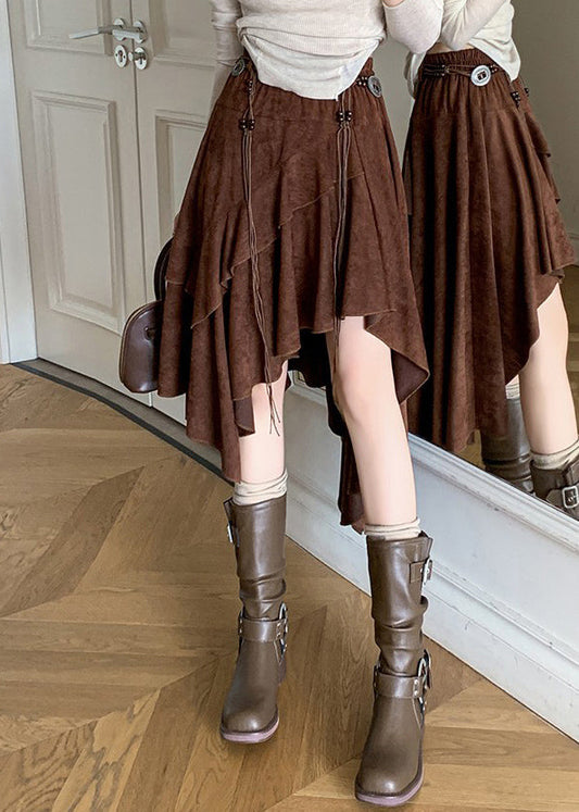 Vintage Kaffee Asymmetrischer Rock aus geknittertem Wildlederimitat Frühling