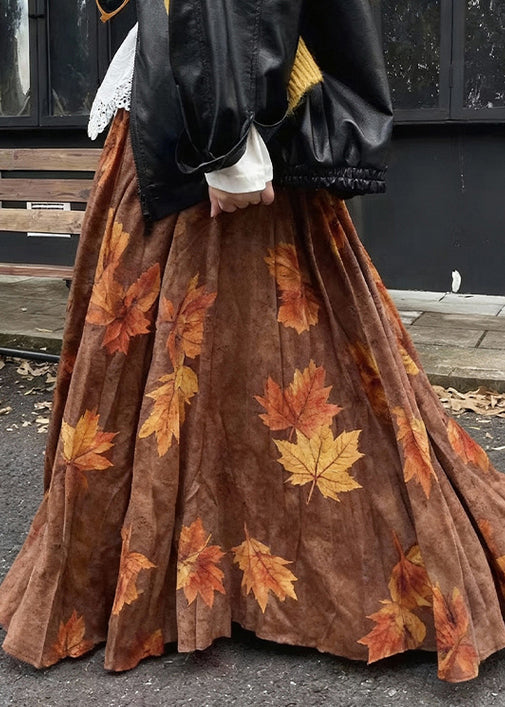 Falda de algodón de cintura alta con estampado de hojas de café vintage para primavera