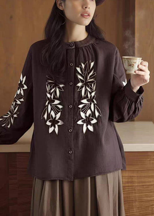 Vintage Coffee O-Neck Button Embroidered Ramie Shirt Spring