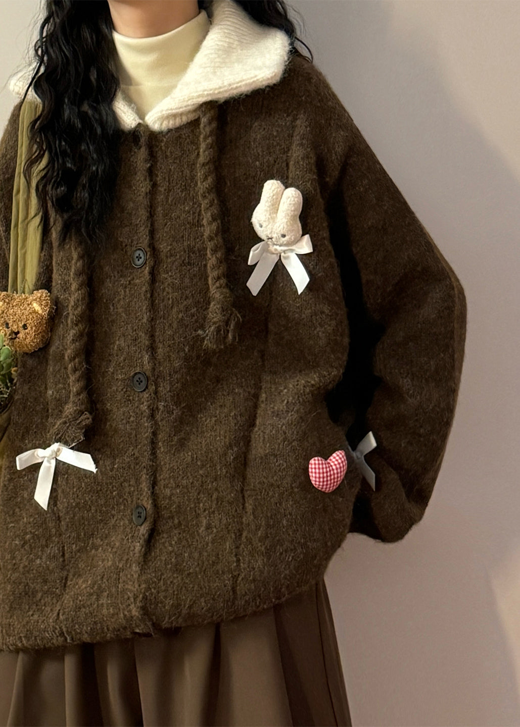 Vintage Coffee Peter Pan Collar Button Patchwork Knit Coats