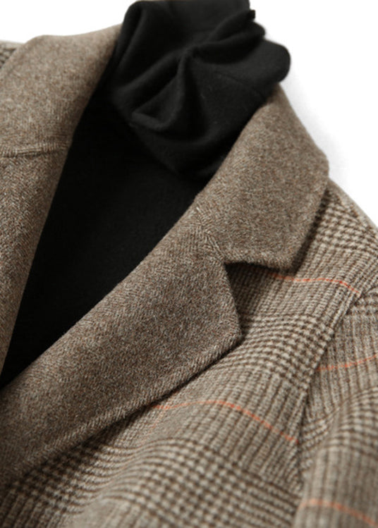 Vintage Schokolade Peter Pan Kragen Plaid Wollmäntel Frühling