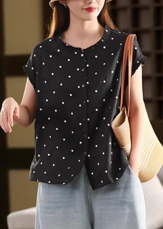 Vintage Coffee Ruffled Dot Linen Shirt Summer