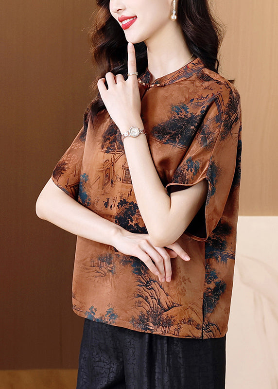 Vintage Kaffee Stehkragen Print Seidenhemd Tops Sommer