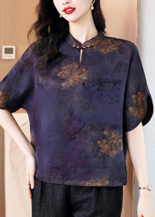 Vintage Kaffee Stehkragen Print Seidenhemd Tops Sommer