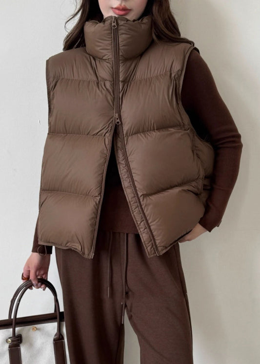 Chaleco vintage de plumón de pato con cuello alto y cremallera, sin mangas, color café