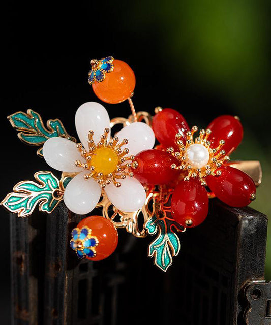 Vintage Colorblock Legierung Perlmuttfarbene Glasur Blumenmuster Ein Paar Haarnadeln