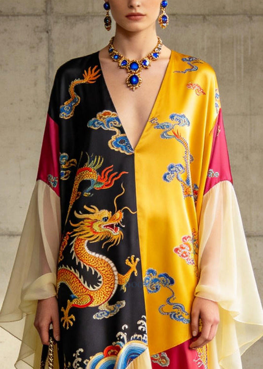 Vintage Colorblock Asymmetrical Patchwork Chiffon Dresses Batwing Sleeve