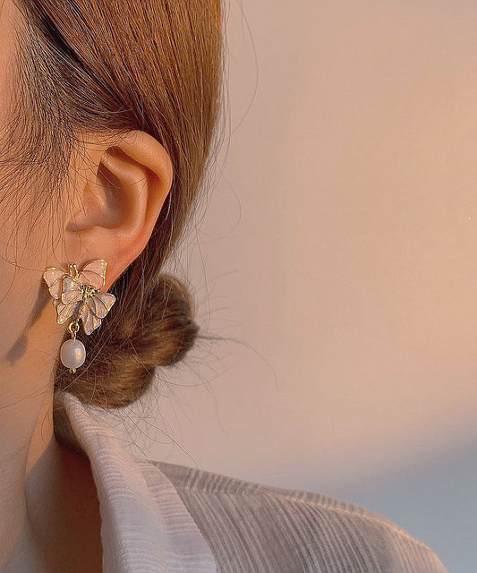 Vintage Colorblock Sterling Silber vergoldete Perlen-Schmetterlings-Ohrhänger