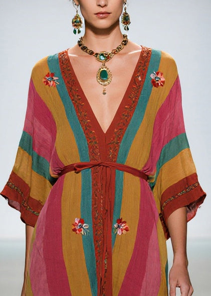 Vintage Colorblock Tie Waist Floral Cotton Maxi Dress Summer