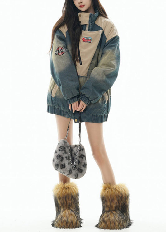 Abrigos de invierno de algodón fino con cuello alto y patchwork de mezclilla azul vintage