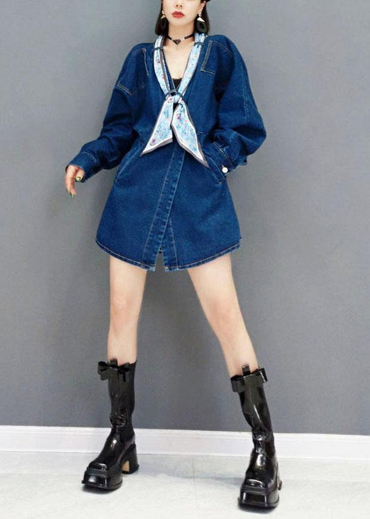 Vintage Denim Blue V Neck Pockets Button Fall Shirts Long Sleeve - SooLinen