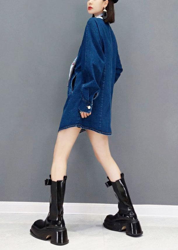 Vintage Denim Blue V Neck Pockets Button Fall Shirts Long Sleeve - SooLinen