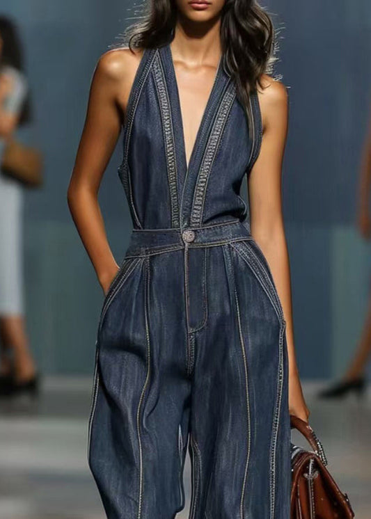 Vintage Denim Blue V Neck Pockets High Waist Jumpsuits Sleeveless