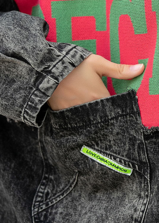 Vintage Denim Patchwork Stricktaschen Kapuze Herbst Mäntel Langarm