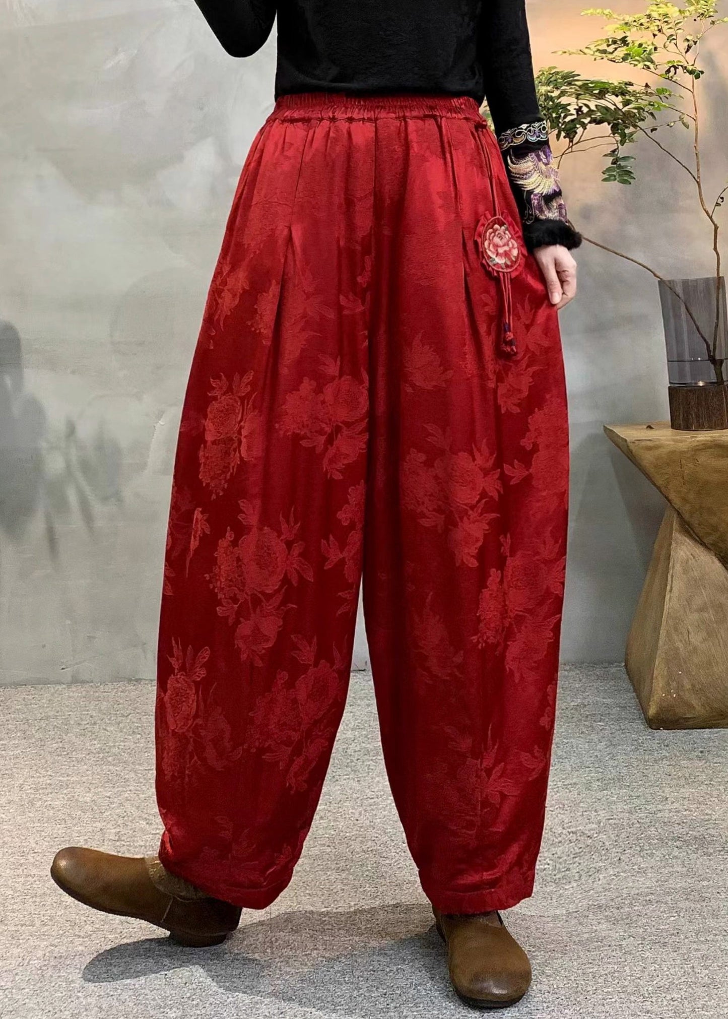 Vintage Dull Purple Oversized Jacquard Fine Cotton Filled Harem Pants Winter