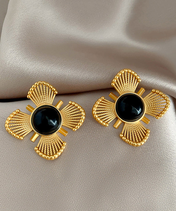 Vintage Gold Copper Crystal Floral Hollow Out Stud Earrings
