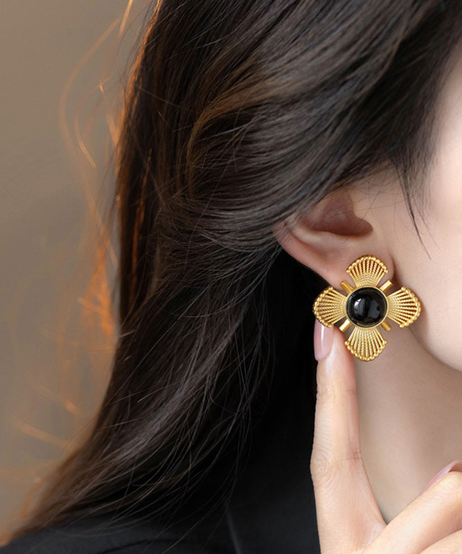 Vintage Gold Copper Crystal Floral Hollow Out Stud Earrings