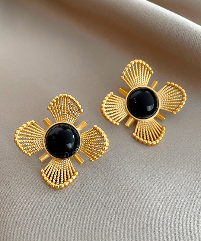 Vintage Gold Copper Crystal Floral Hollow Out Stud Earrings