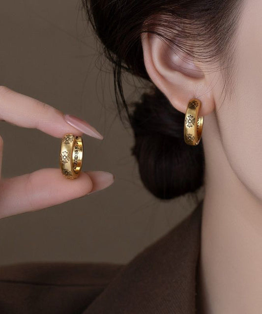Vintage Gold Copper Overgild Print Hoop Earrings