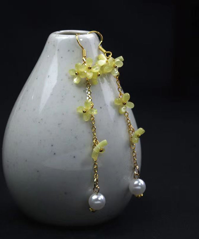 Pendientes colgantes con borlas de plata de ley dorada y esmaltada color perla vintage