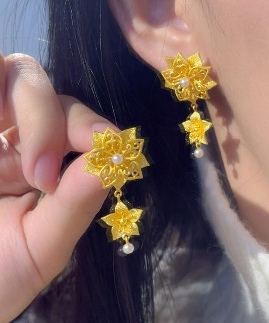 Vintage Gold Sterling Silver Overgild Pearl Floral Drop Earrings