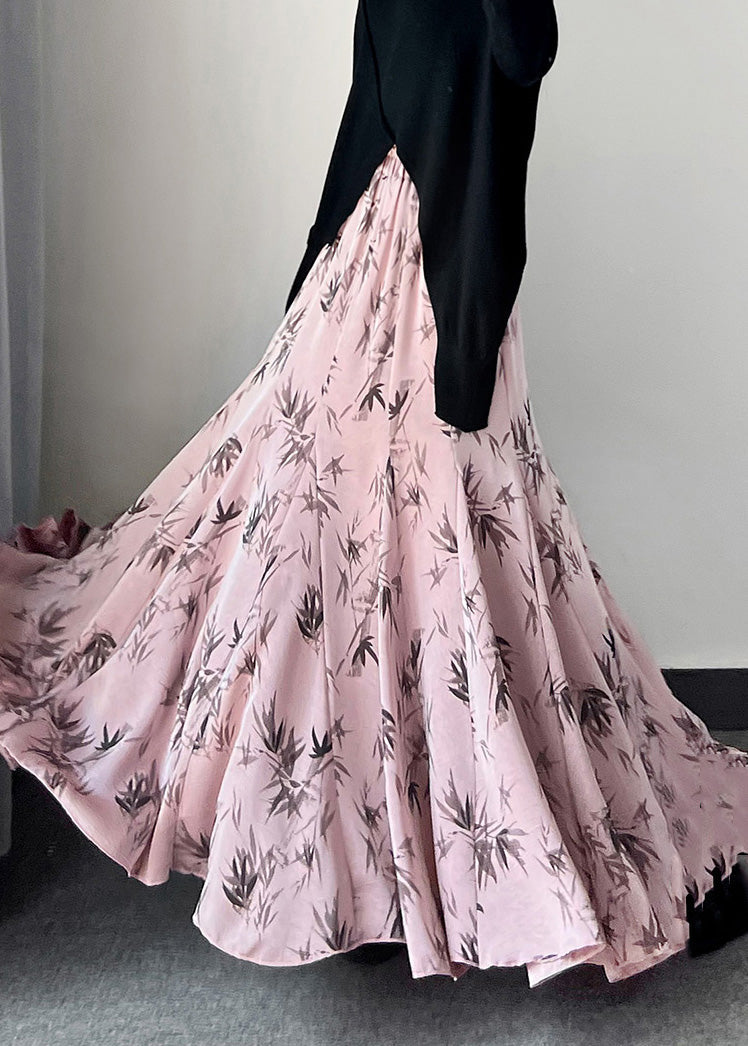 Vintage Golden Bamboo Print Exra Large Hem Silk Skirt Spring