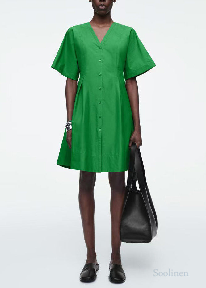 Vintage Grass Green V Neck Cotton Work Dress Summer