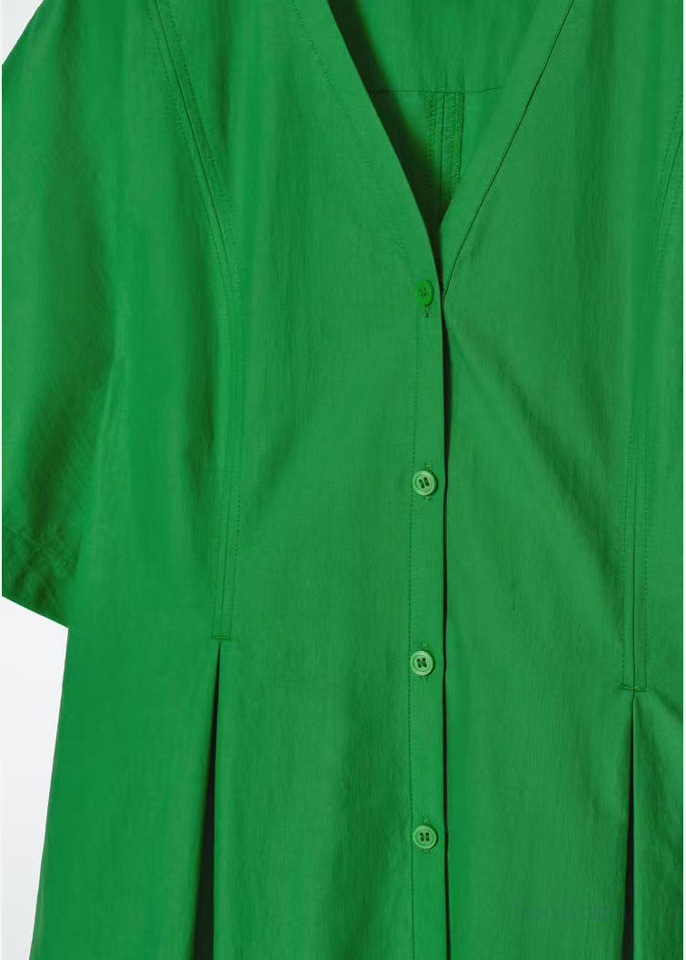 Vintage Grass Green V Neck Cotton Work Dress Summer