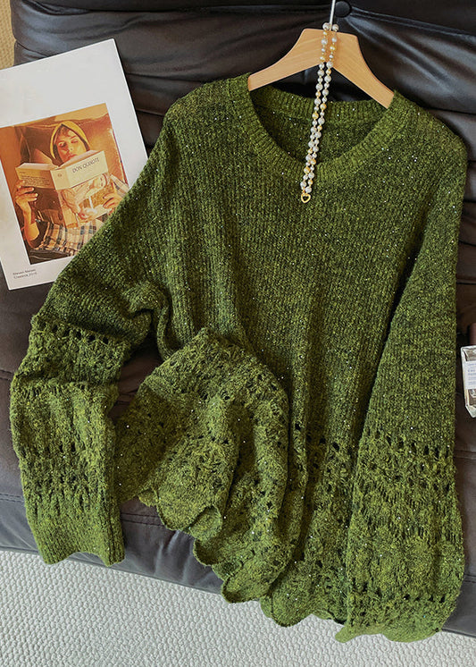 Vintage Green O Neck Hollow Out Knit Sweaters Fall