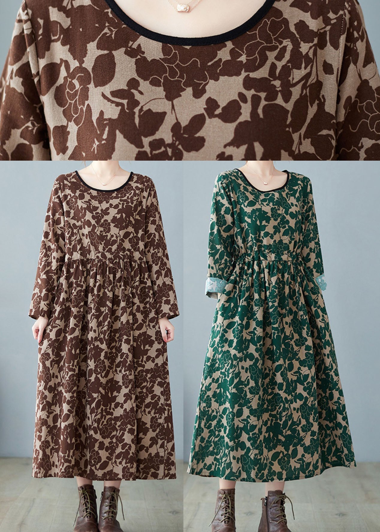 Vintage Grün O-Ausschnitt Print Leinenkleid Frühling