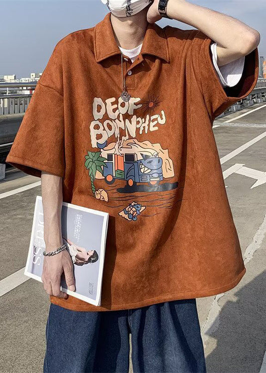 Vintage Green Print Button Cotton Mens Polo Shirts Summer