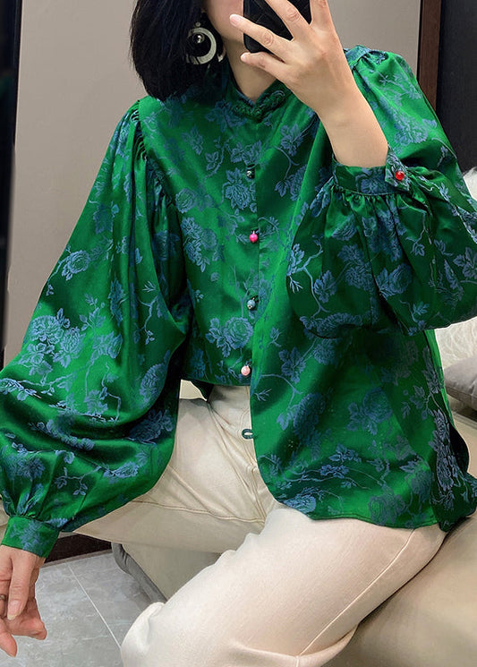 Vintage Grünes Stehkragenknopf Jacquard Seidenhemd Laternenärmel