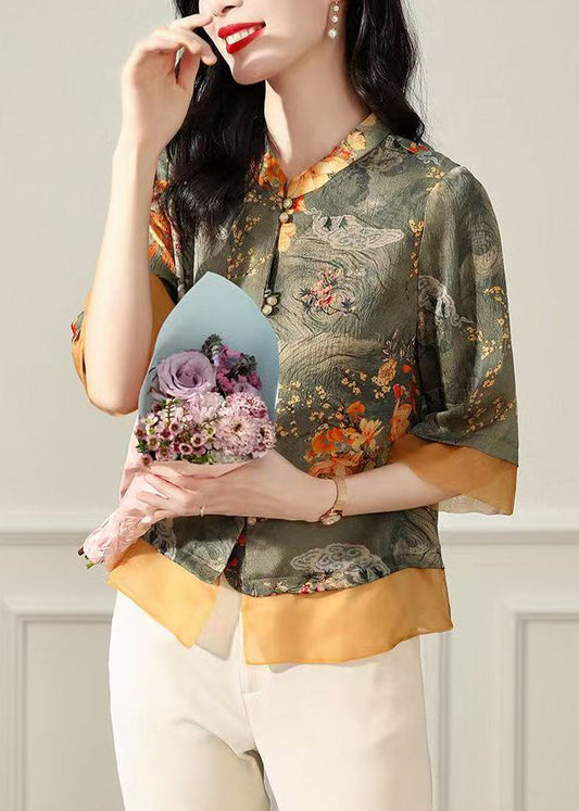 Vintage Green Stand Collar Print Silk Tops Bracelet Sleeve