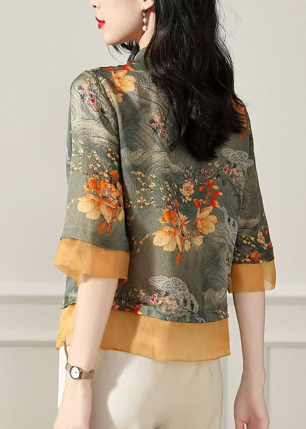 Vintage Green Stand Collar Print Silk Tops Bracelet Sleeve