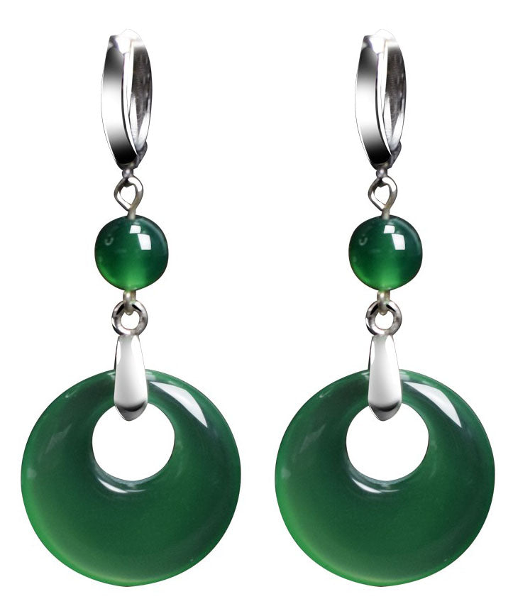 Pendientes colgantes vintage de calcedonia con incrustaciones de plata de ley verde