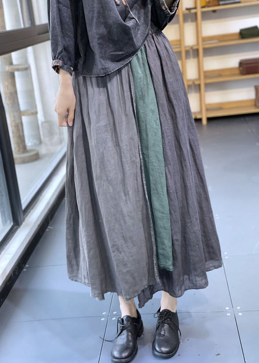 Vintage Grau Elastische Taille Asymmetrische Patchwork Leinen Rock Frühling