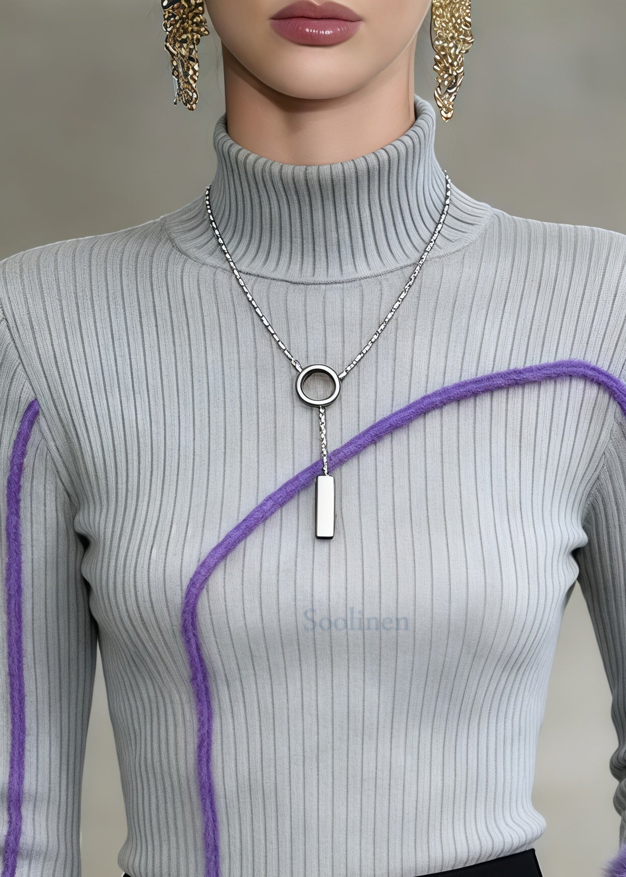 Vintage Grey High Neck Patchwork Faux Fur Sweater Tops Winter