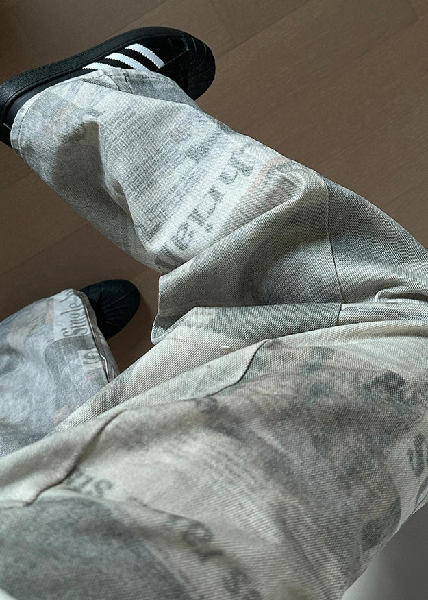 Vintage Grey Letter Print High Waist Denim Mens Pants
