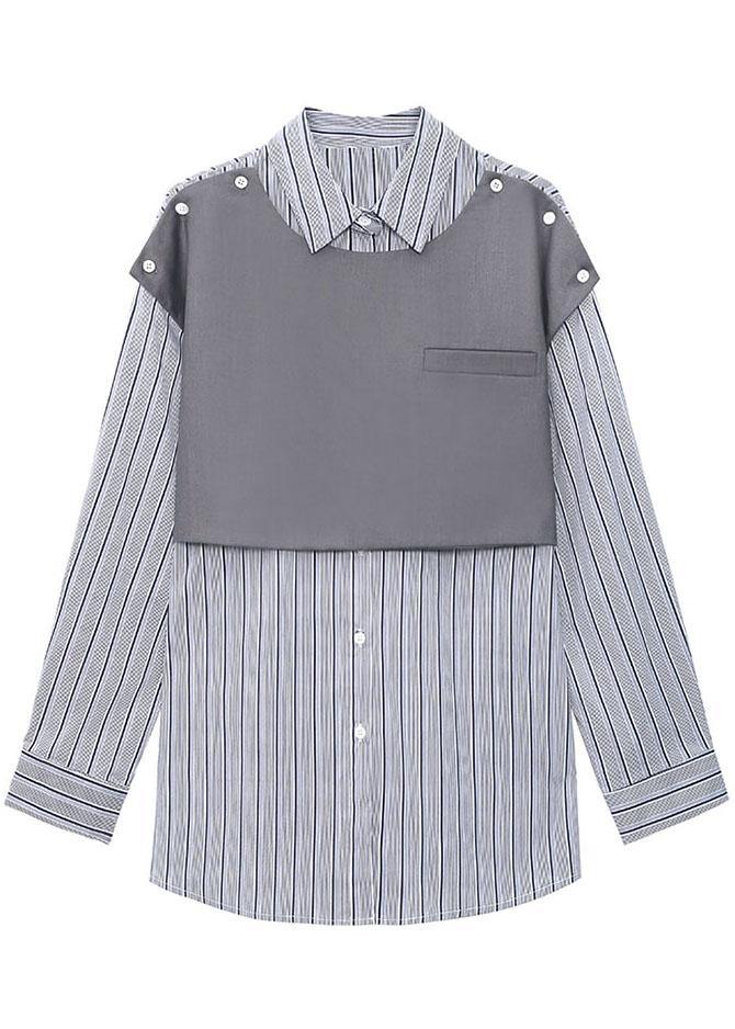 Vintage Grey Peter Pan Collar Button Fall Striped Shirt Long sleeve - SooLinen