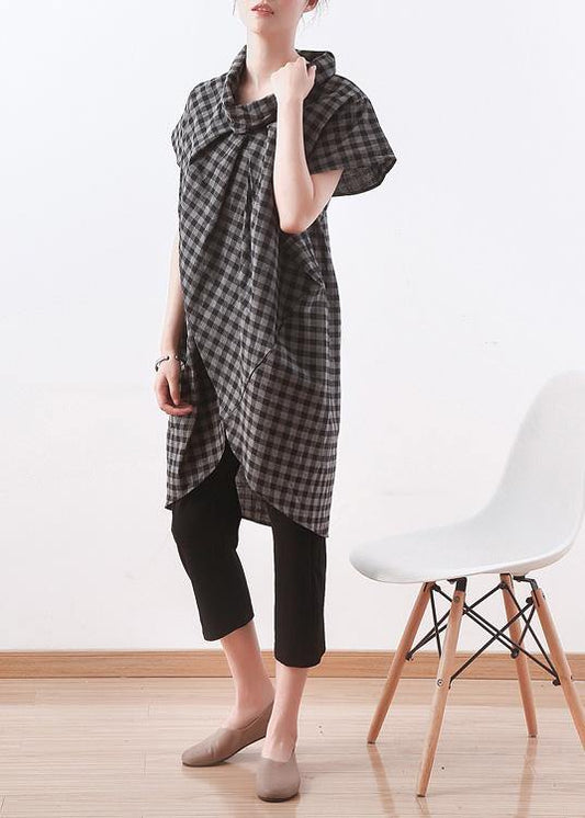 Vintage Grey Plaid Turtleneck Asymmetrical Design Summer Blouses - SooLinen