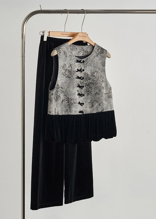 Chalecos de terciopelo de seda con patchwork y estampado gris vintage para primavera