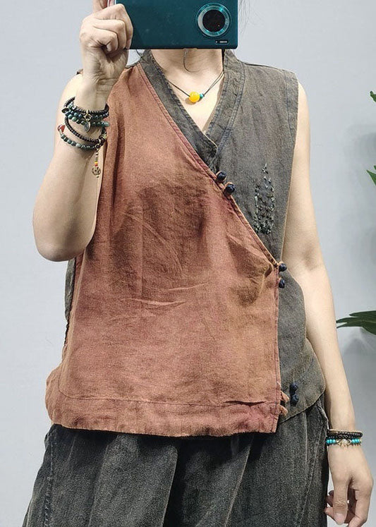 Vintage Khaki Chinesischer Knopf Patchwork Leinen Weste Top Ärmellos
