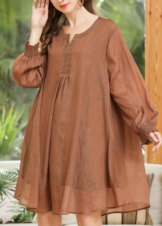 Vintage Khaki Long Sleeve Chiffon Summer Dress - SooLinen
