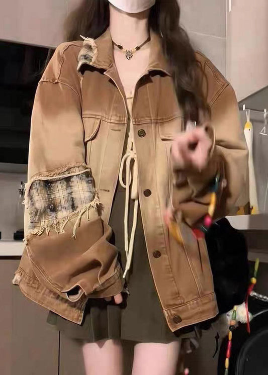 Abrigo vaquero vintage color caqui con cuello Peter Pan, bolsillos, parches y mangas farol