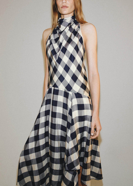 Vintage Khaki Plaid Asymmetrical Cotton Long Dress Summer
