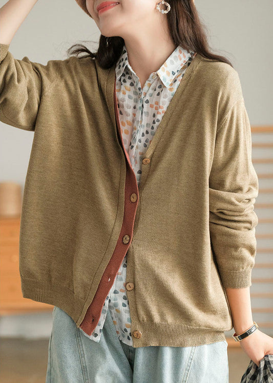 Vintage Khaki button V Neck Patchwork Knit Loose Cardigans Spring